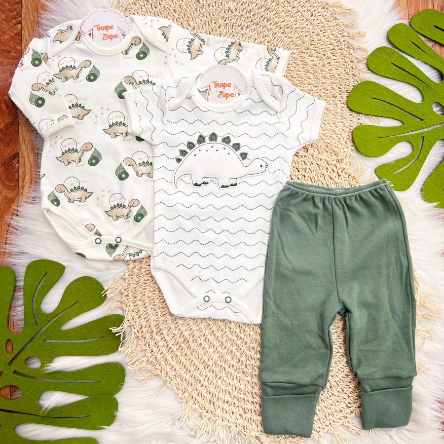 CONJ. DE MALHA 3 PEÇAS -  My Little Dino - Off White e Verde Militar